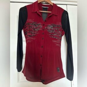 Chic Red and Black Sequin Button-Up Blouse